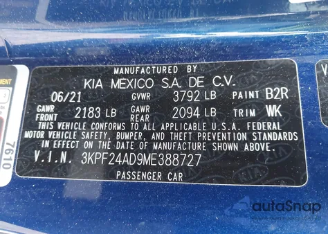 2021 Kia Forte Lxs z USA, uszkodzony, nr VIN 3KPF24AD9ME388727